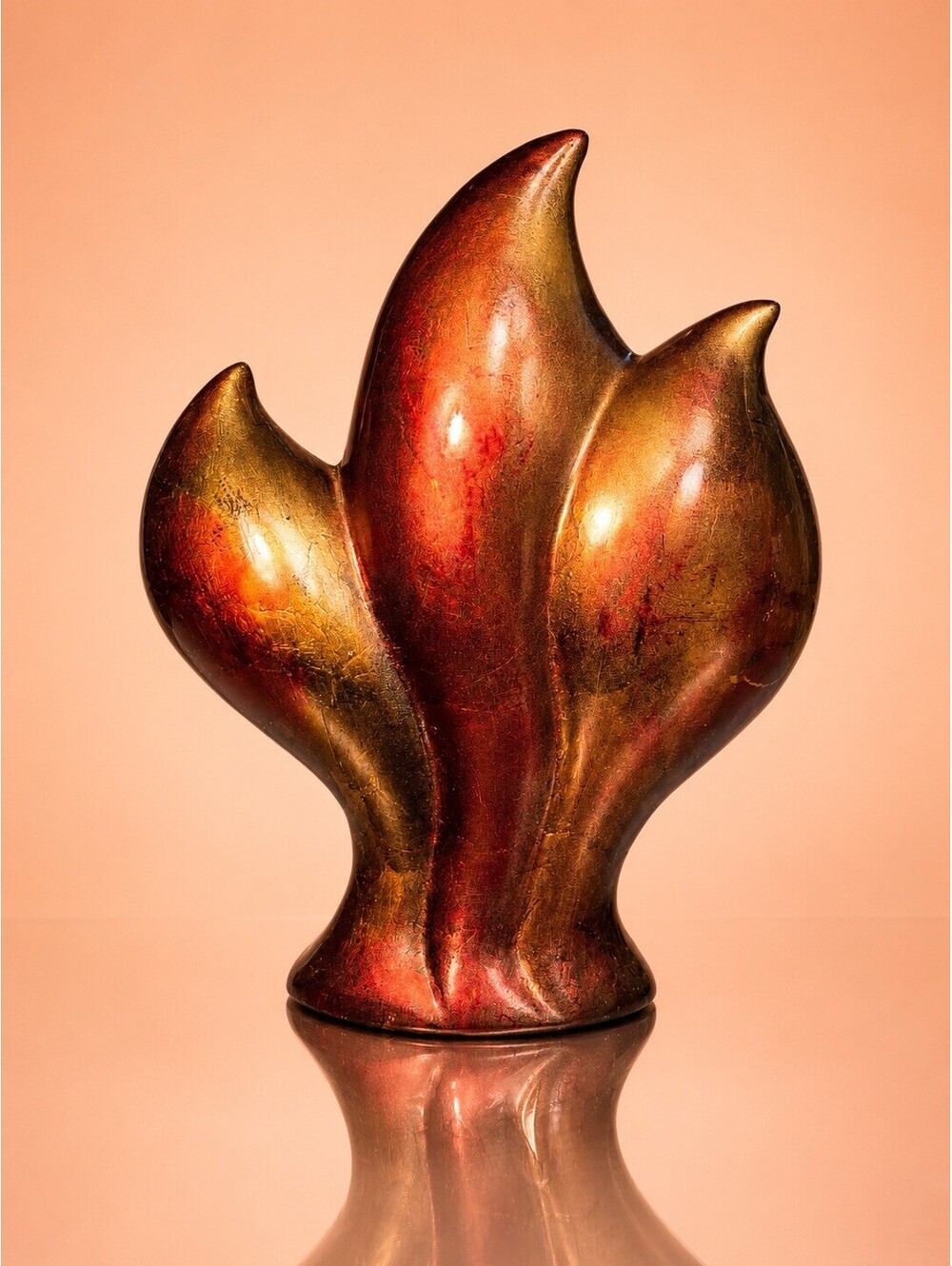 European Vintage 1970s Metallic Flame Sculpture Red Gold Metallic Glaze, 14”